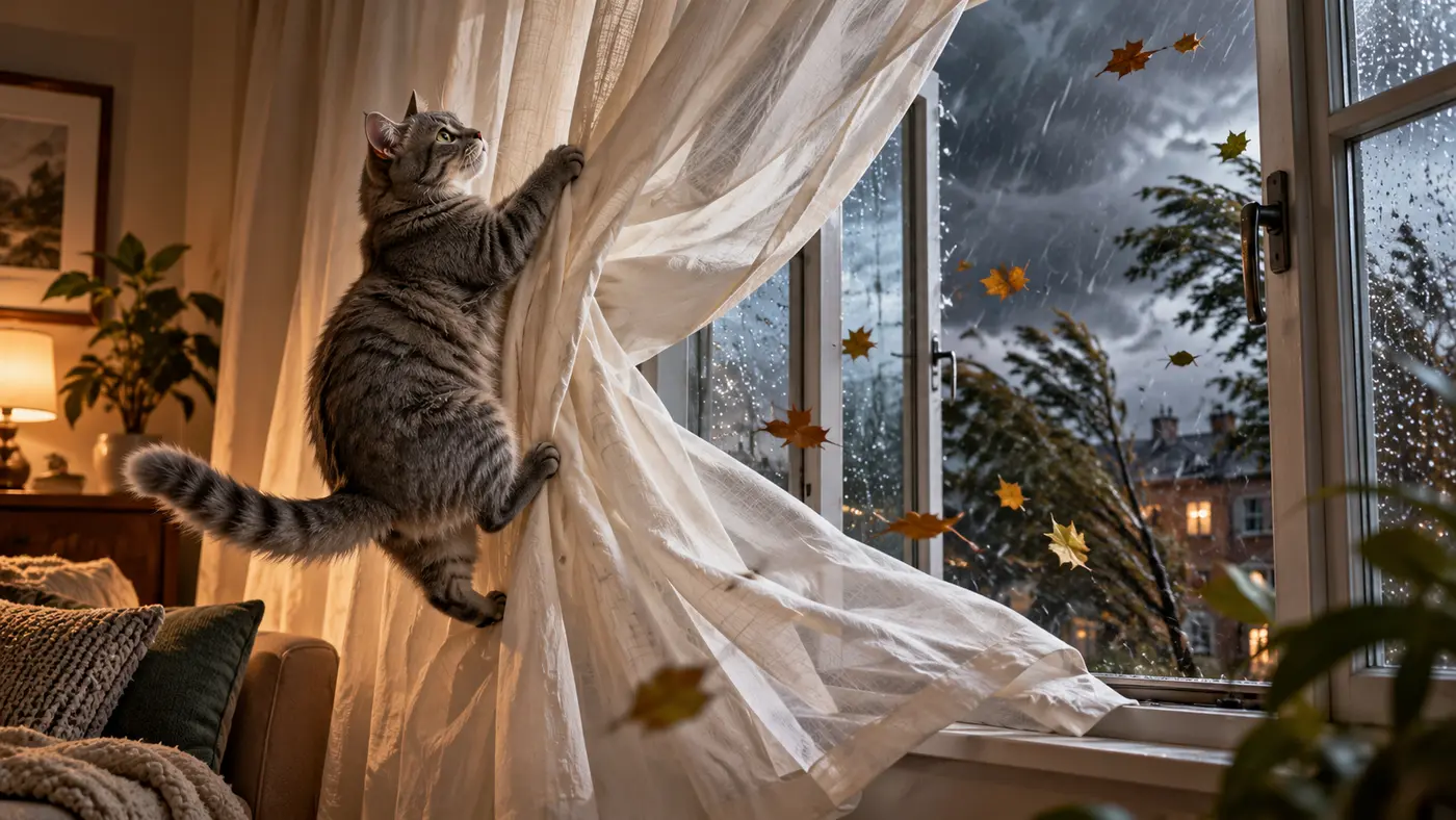 Sonhar com gato subindo a cortina durante tempestade