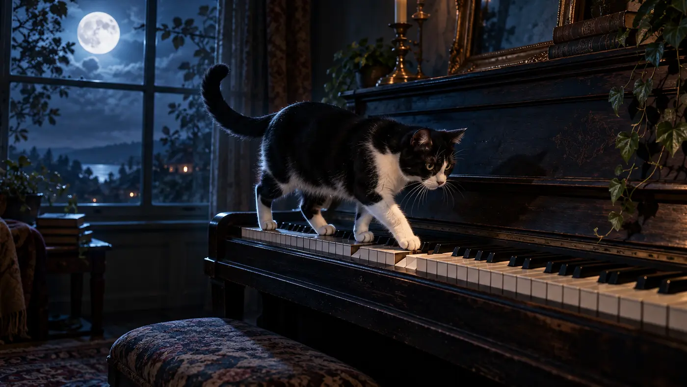 Sonhar com gato andando nas teclas do piano à noite