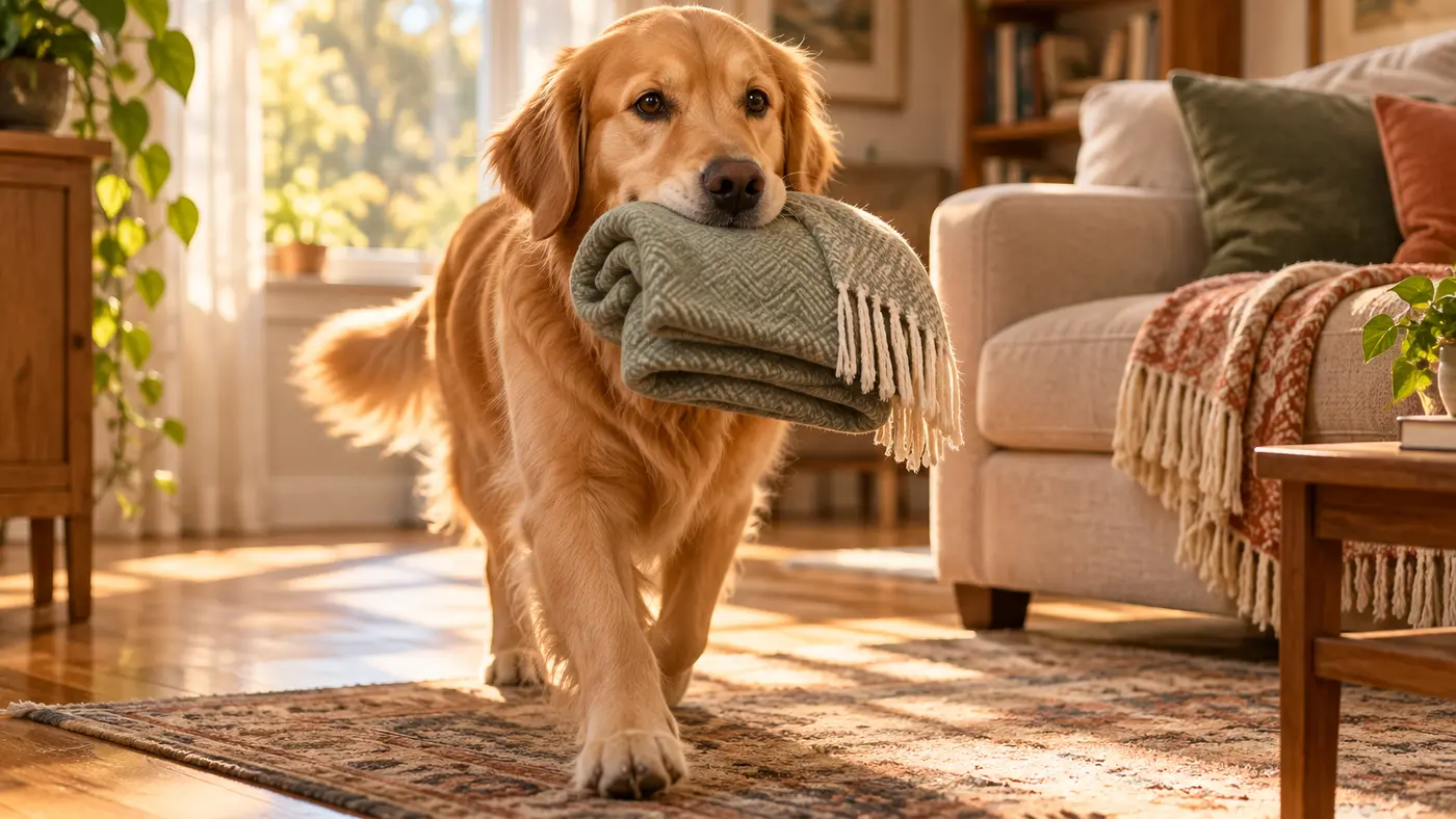 Dream of a Dog Carrying a Folded Blanket