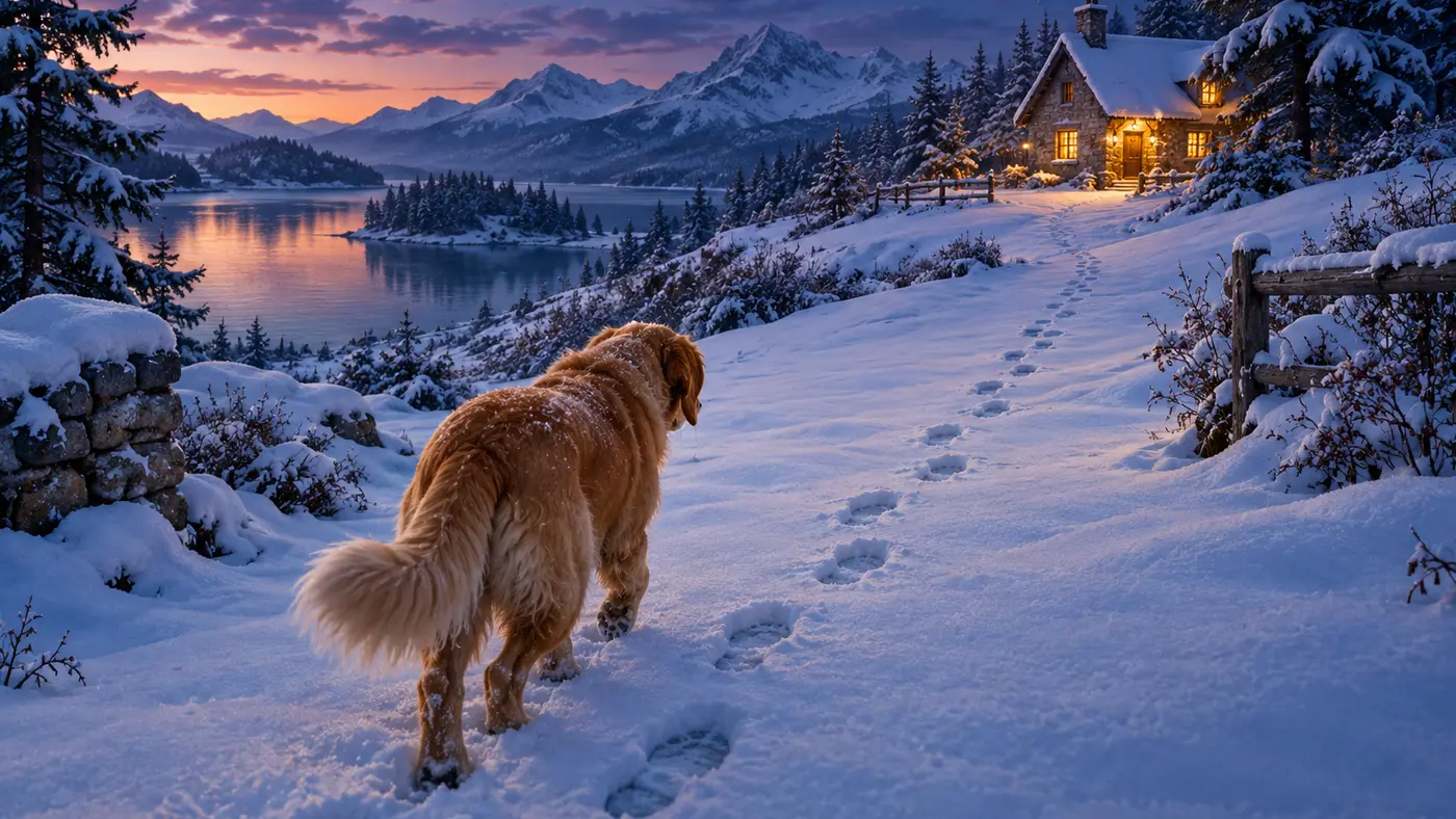 Dream of a Dog Following Footprints Home Through Snow