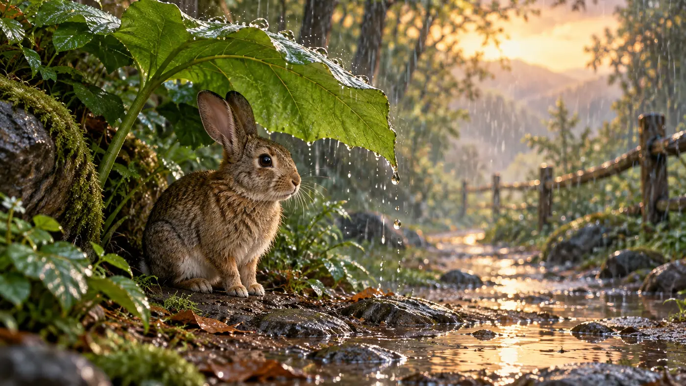 Rabbit sheltering from rain beneath a broad leaf