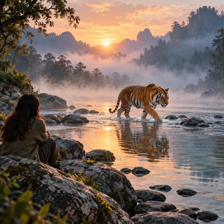 Dream of a Tiger Crossing a Shallow River at Dawn