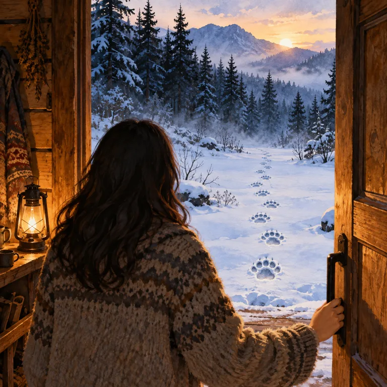 A person at a cabin doorway looking at tiger paw prints crossing fresh snow